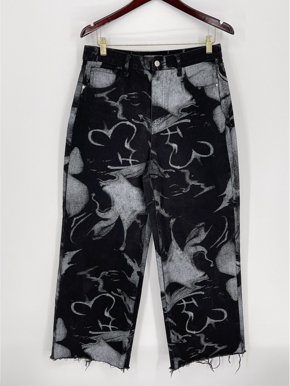 Machine Abstract Print Cropped Wide Leg Jeans Raw Hem Black Gray USA 31 Sz 10/11